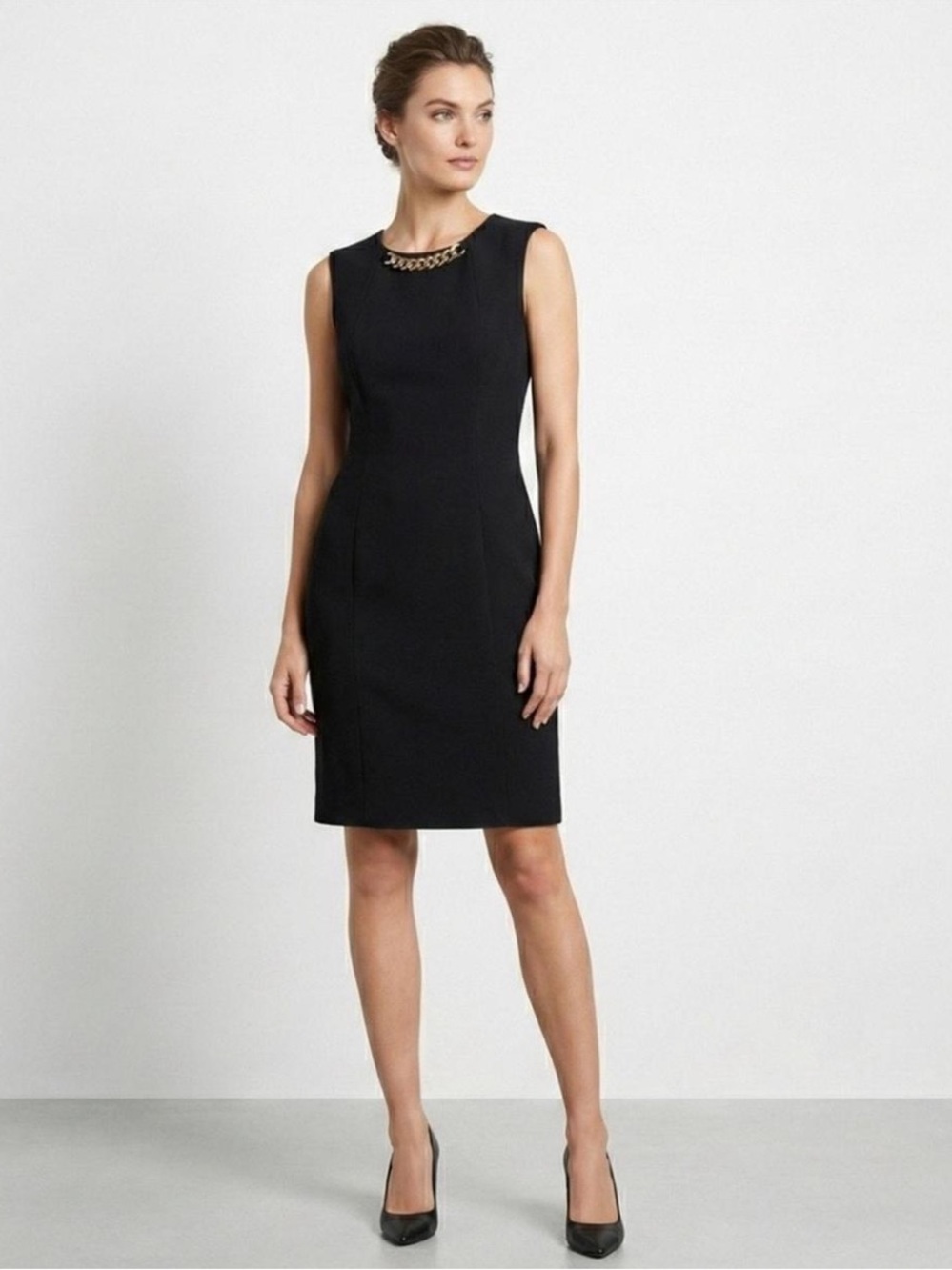 Calvin Klein Sleeveless Black Chain-Neck Sheath Dress